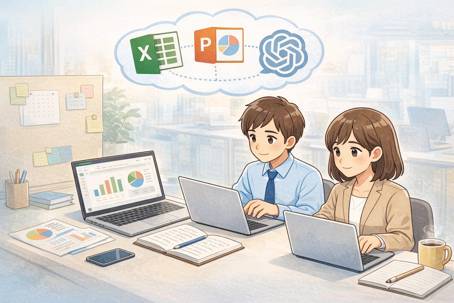 入社前にExcelや資料作成などのパソコン基礎を確認している新入社員のイメージ