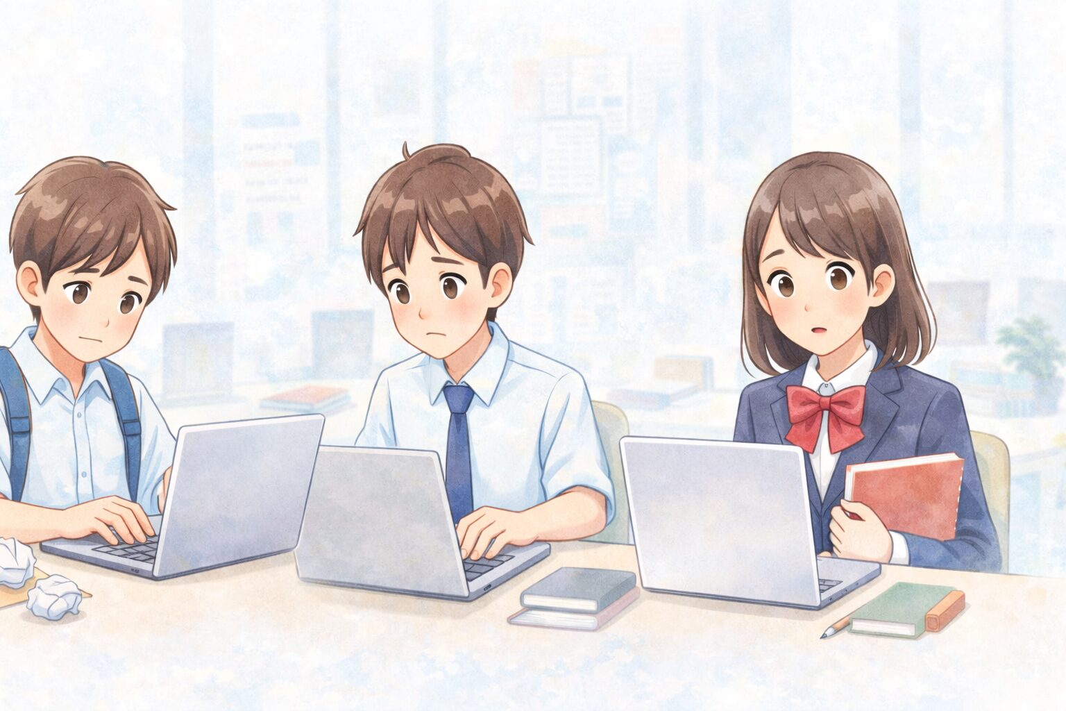 小学生から高校生までの学生がパソコンでWordやPowerPointを学んでいる様子