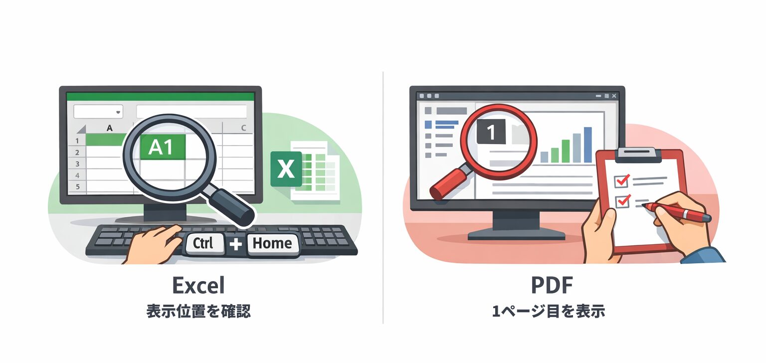 Excelは表示位置、PDFは1ページ目の表示を確認してから相手に渡すことを表したイメージ