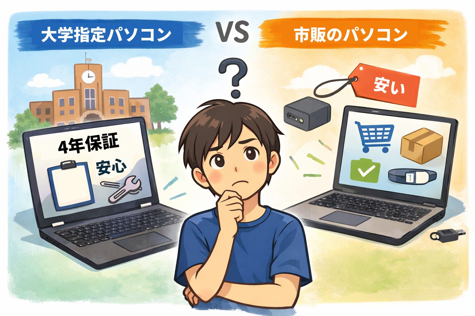 大学指定パソコンと市販パソコンの違いを比較して悩む大学進学予定の学生のイメージイラスト