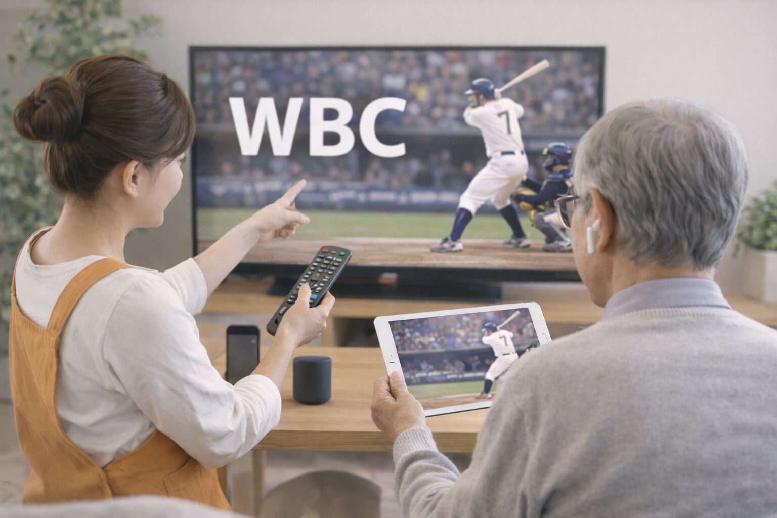 WBCの視聴方法について、テレビやタブレットでの見方を案内するイメージ
