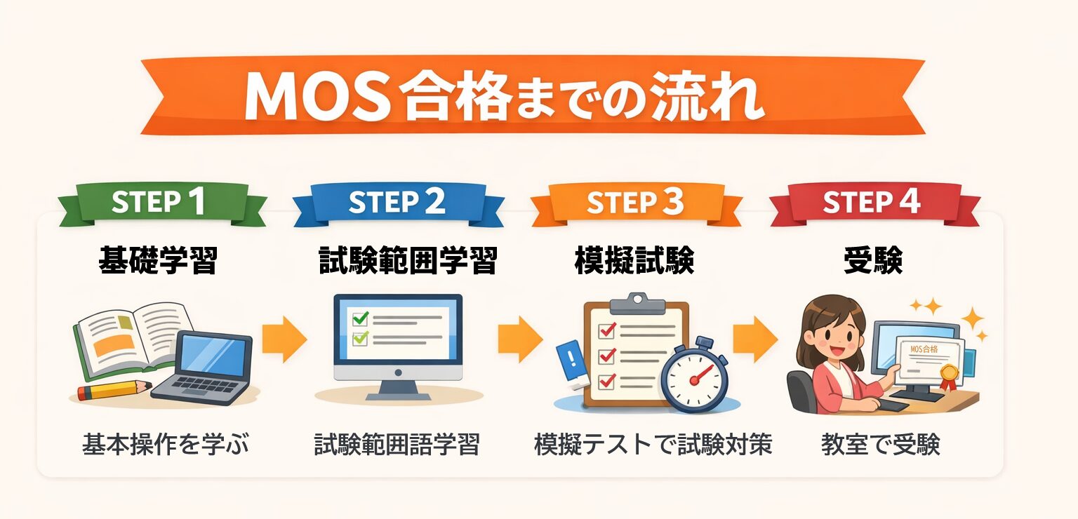 MOS対策講座の合格までの流れ（基礎学習・試験範囲学習・模擬問題・受験）｜はなまるパソコン教室