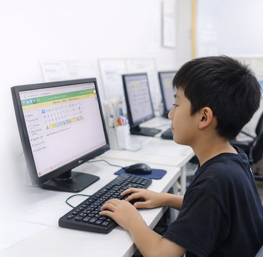 はなまるパソコン教室でタイピング講座を受講している小学生の様子