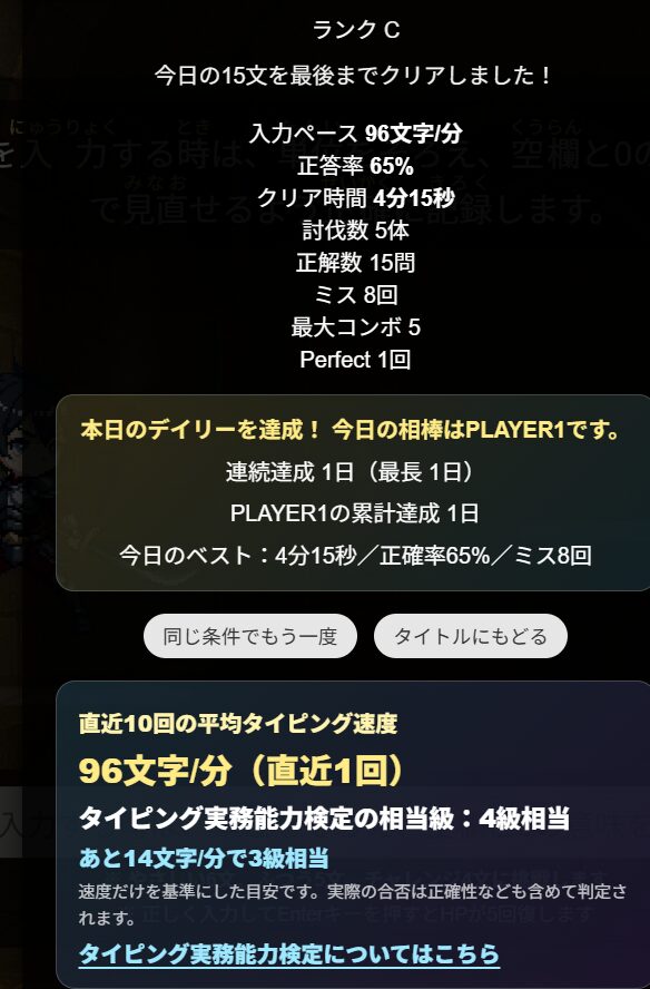 タイプクエストのデイリー結果画面。入力速度、正答率、ミス数、タイピング実務能力検定の相当級を表示しています
