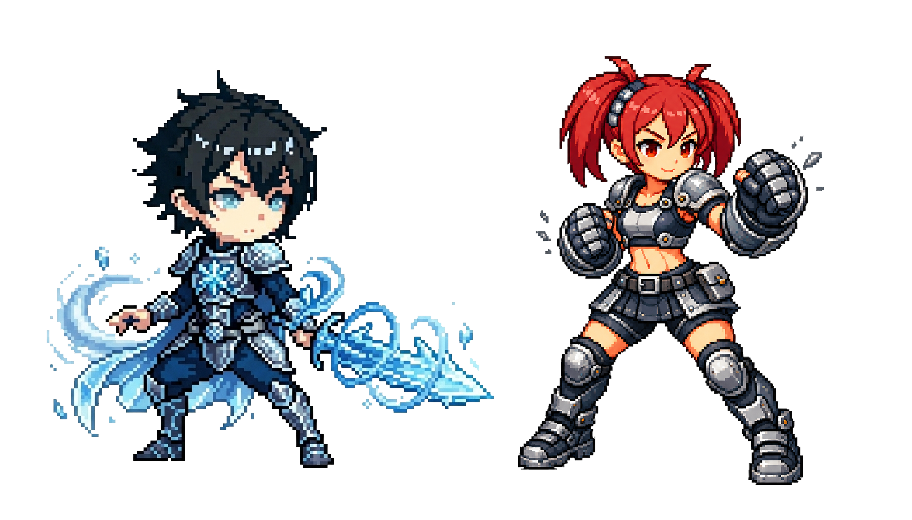 タイプクエストで解放できる青い装備のキャラクターと赤髪の格闘家風キャラクターの新しい衣装