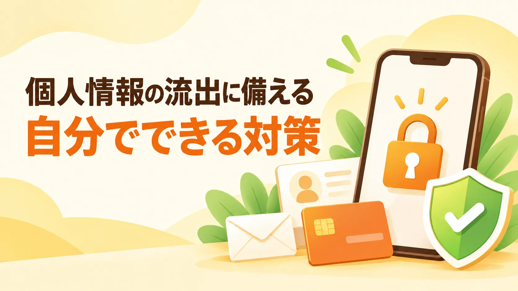 個人情報の流出に備える、自分でできる対策。鍵付きのスマートフォンとクレジットカードのイラスト